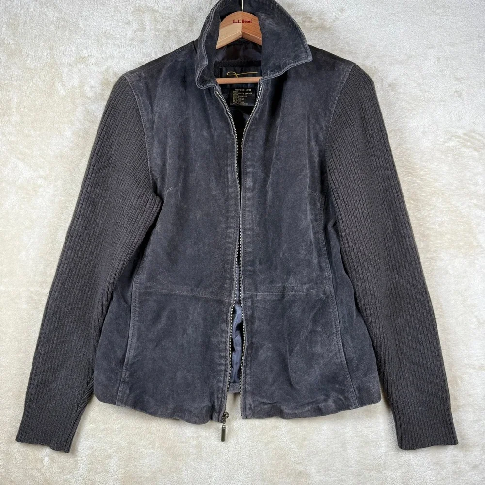 Fabio Womens Leather Jacket Size M Sweater Knit‎ Sleeve Zip Up Brown Y2K